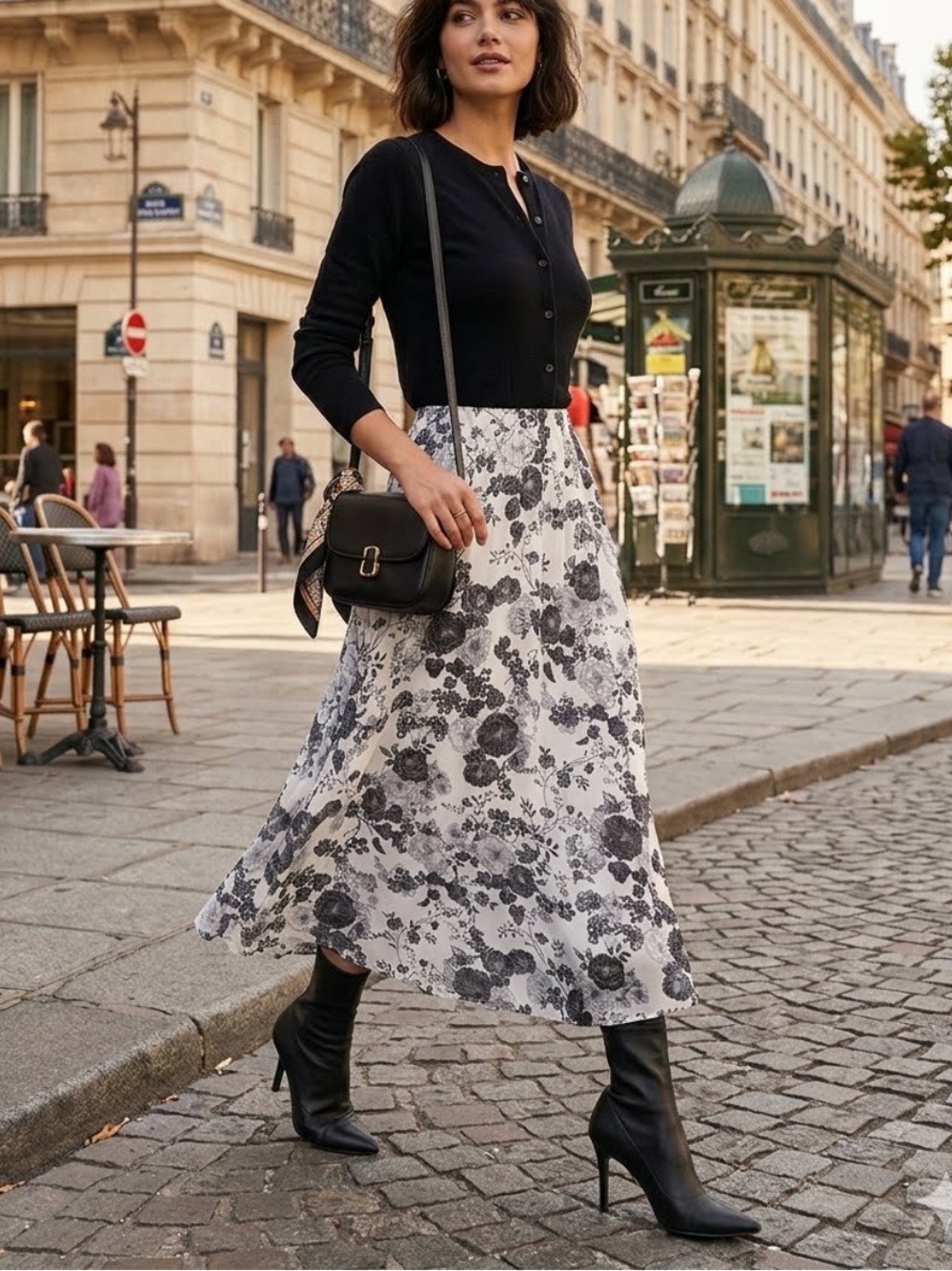 Y2K Cleo Floral Maxi Skirt Black and White Lined Small Made in Canada